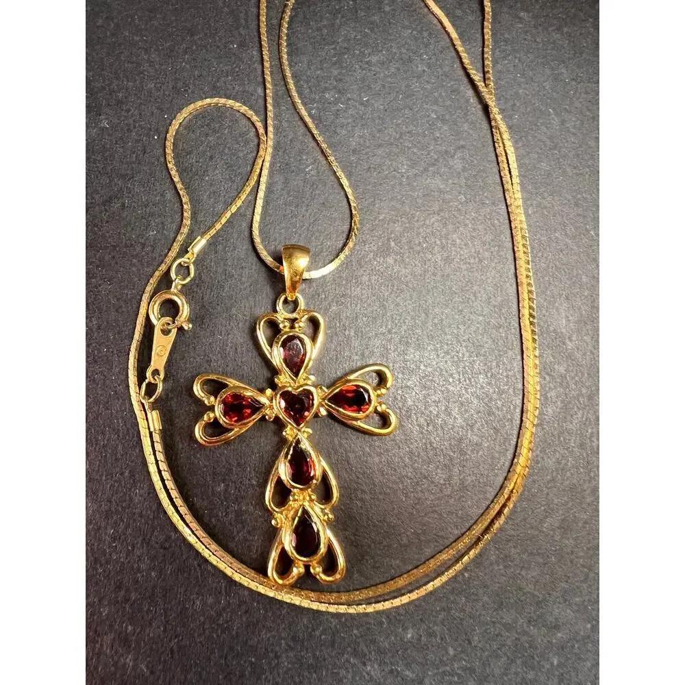 Vintage SETA Garnet Cross Pendant Necklace Gold Tone 24” - Picture 10 of 13